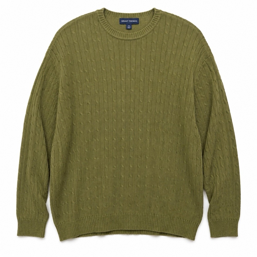 Grant Thomas Men's 2XL Olive Green Cable Knit Crewneck Sweater 100% Cotton